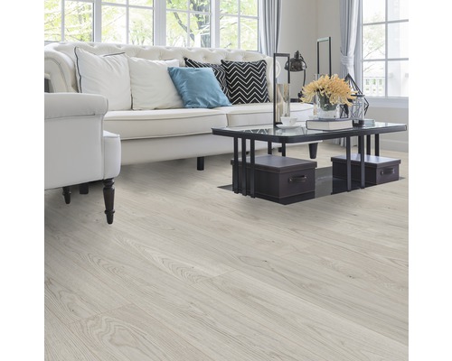 Salon lumineux avec sol stratifié, canapé et table basse