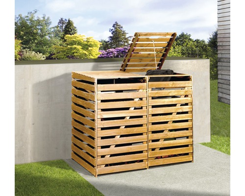 Holz Mülltonnenbox mit geöffnetem Deckel im Garten