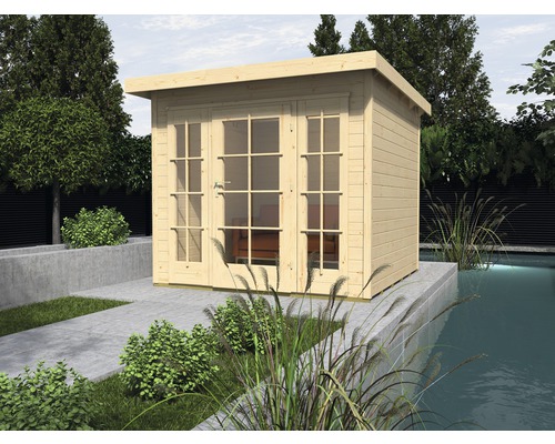 Abri de jardin weka Panorama 172 Taille 2 avec plancher 319 x 342 cm naturel Abri de jardin en bois avec portes vitrées et toit plat dans un jardin