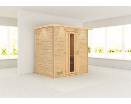 Sauna en madriers Woodfeeling Sonja sans poêle avec couronne et porte en bois avec verre isolé thermiquement