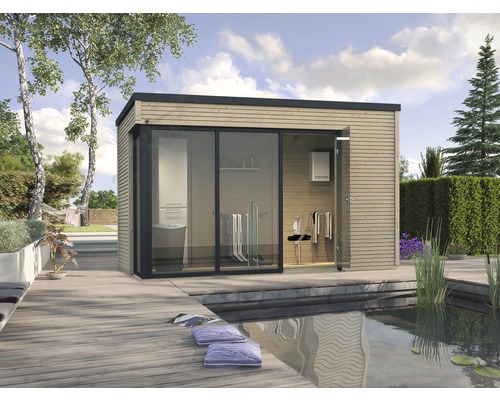 Abri de jardin weka Designhaus Cubilis 412 T2 avec film de toit autocollant et plancher 380x380 cm naturel