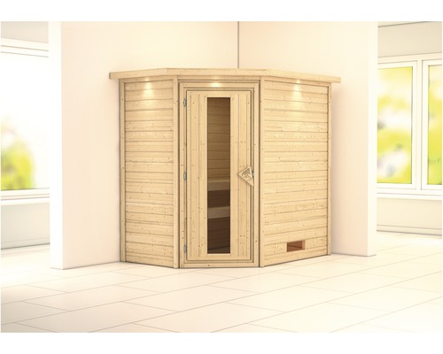 Sauna en madriers Woodfeeling Svea sans poêle avec couronne et porte en bois avec verre isolé thermiquement