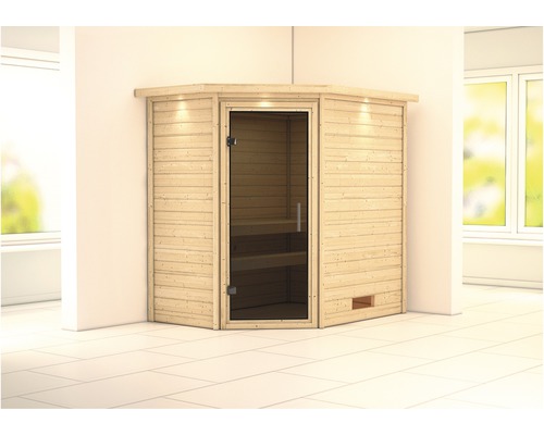 Sauna en madriers Woodfeeling Svea sans poêle avec couronne et porte entièrement vitrée coloris graphite