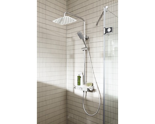 Système de douche avec douche de tête et douchette à main dans une salle de bains