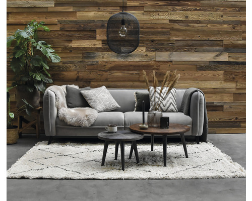 Salon avec canapé, tapis, tables basses, décoration et mur en bois