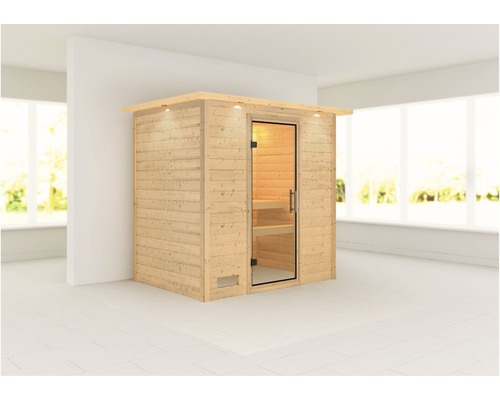 Sauna en madriers Woodfeeling Sonja sans poêle avec couronne et porte entièrement vitrée transparente