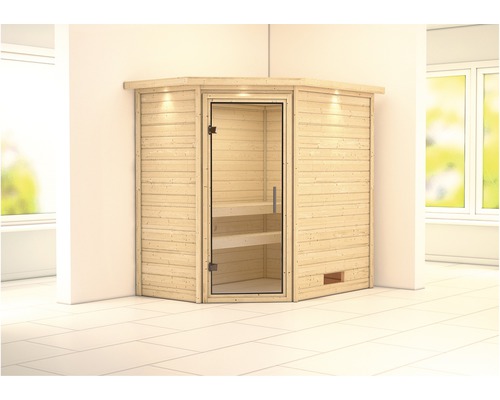 Sauna en madriers Woodfeeling Svea sans poêle avec couronne et porte entièrement vitrée transparente