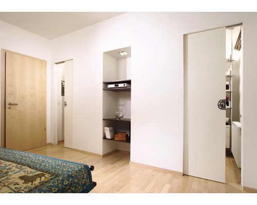 Chambranle de porte sans cadre Knauf pour vantail de porte en verre 150 mm Pièce lumineuse avec porte en bois, porte coulissante et étagère