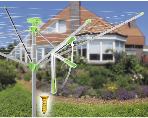 Séchoir parapluie rotatif en métal avec cordes à linge et ancre de sol pour le jardin