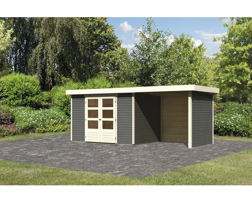 Gartenhaus Karibu Kodiak 4 mit Schleppdach 2.4 m, Rück- und Seitenwand 526x217 cm terragrau