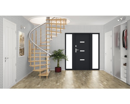 Eingangsbereich mit Wendeltreppe, Haustür und Garderobe