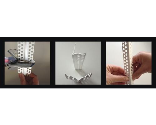 Trois vues d''un profilé d''angle de protection d''enduit avec trous ronds, une fois coupé, une fois avec deux profilés et une fois en utilisation.