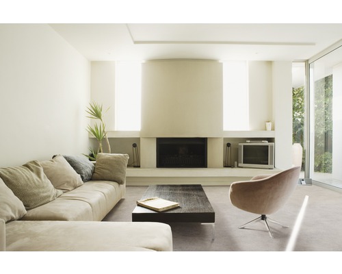 Salon avec canapé, fauteuil, cheminée et table basse