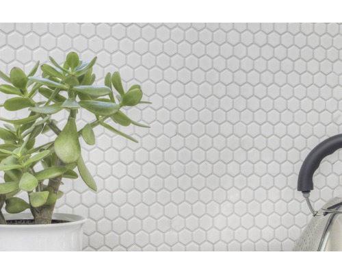 Gros plan de carreaux hexagonaux sur un mur de cuisine.