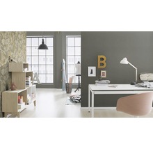 Helles Zimmer mit Schreibtisch, Stuhl und Bücherregal