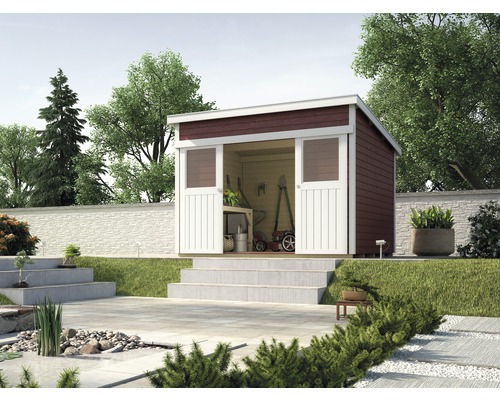 Abri de jardin avec portes ouvertes dans le jardin