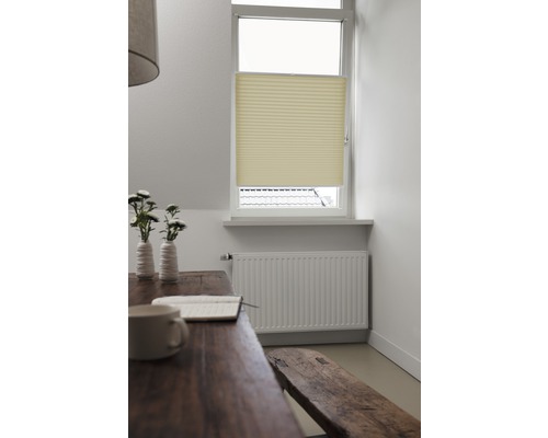 Scène avec store plissé à la fenêtre, table, banc et radiateur