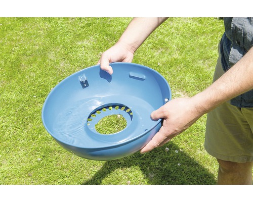 Une personne tient un récipient bleu de graines de gazon au-dessus de l''herbe.