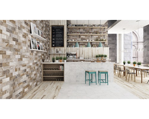 Vue intérieure d''un café avec parquet, comptoir et tables