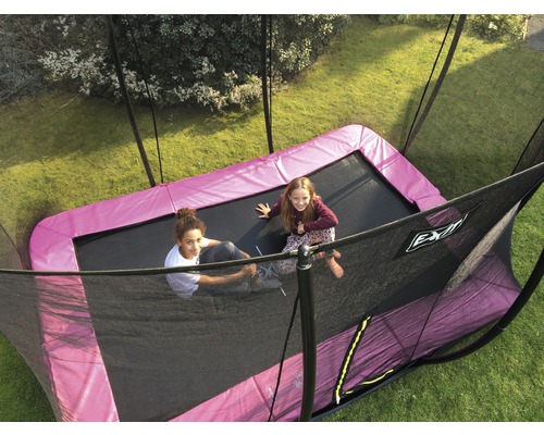 Trampoline de jardin rectangulaire avec filet de sécurité et deux enfants