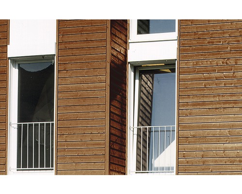 Façade avec revêtement en bois et fenêtres avec garde-corps