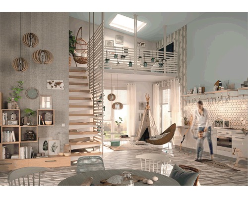 Espace de vie lumineux avec escalier menant à la mezzanine, système d''étagères, décoration et aire de jeux