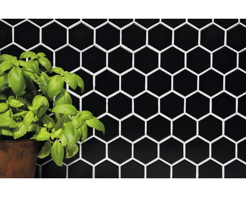Carreaux hexagonaux noirs comme revêtement mural avec pot de basilic
