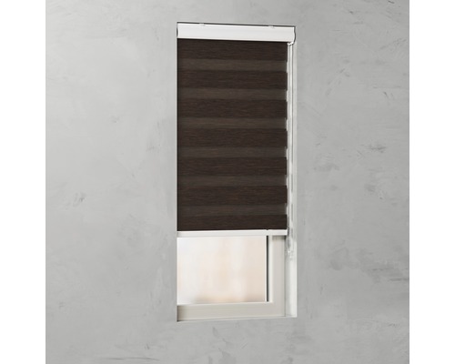 Fenster mit braunem Doppelrollo zur Verdunkelung