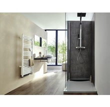 Salle de bain lumineuse avec douche, lavabo et sèche-serviettes