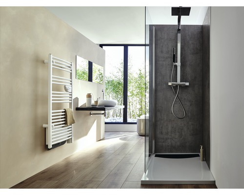 Salle de bain lumineuse avec douche, lavabo et sèche-serviettes