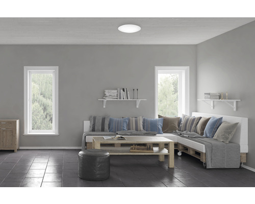 Salon avec meubles en palettes et plafonnier rond