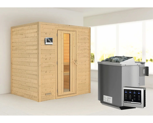 Sauna en bois massif Karibu Sonja avec poêle bio 9 kW et commande externe sans couronne avec porte en bois et verre à isolation thermique