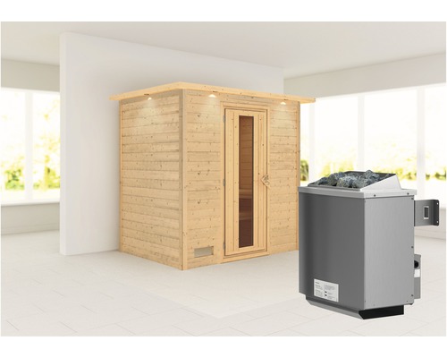 Sauna en madriers Woodfeeling Sonja avec poêle 9 kW et commande intégrée avec couronne et portes en bois avec verre isolé thermiquement