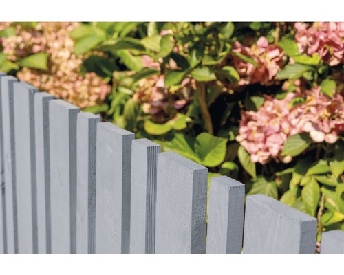 Grauer Holzzaun vor Pflanzen