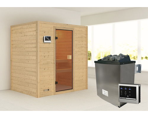 Sauna en bois massif Karibu Sonja avec poêle 9 kW et commande externe sans couronne avec porte entièrement vitrée couleur bronze