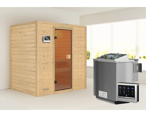 Sauna en bois massif Karibu Sonja avec poêle bio 9 kW et commande externe sans couronne avec porte entièrement vitrée couleur bronze