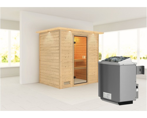 Sauna en madriers Woodfeeling Sonja avec poêle 9 kW et commande intégrée avec couronne et porte entièrement vitrée coloris bronze