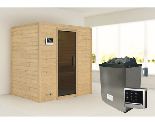 Sauna en bois massif Karibu Sonja avec poêle 9 kW et commande externe sans couronne avec porte entièrement vitrée couleur graphite