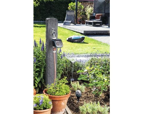 Jardin avec système d''irrigation, robinet, robot tondeuse et plantes