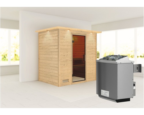 Sauna en madriers Woodfeeling Sonja avec poêle 9 kW et commande intégrée avec couronne et porte entièrement vitrée coloris graphite