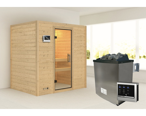 Sauna en bois massif Karibu Sonja avec poêle 9 kW et commande externe sans couronne avec porte entièrement vitrée en verre transparent