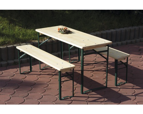 Biertischgarnitur mit Holztischplatte und zwei Holzbänken