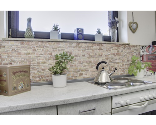 Scène de cuisine avec mur en briques, plaque de cuisson, bouilloire et décoration