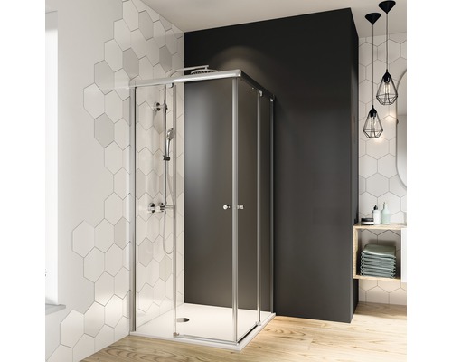 Douche accès d'angle avec porte coulissante Breuer Fara 6 80x80 cm verre transparent profilé couleur chrome