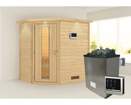 Sauna en bois massif Karibu Svea avec poêle 9 kW et commande externe avec couronne et porte en bois avec verre à isolation thermique