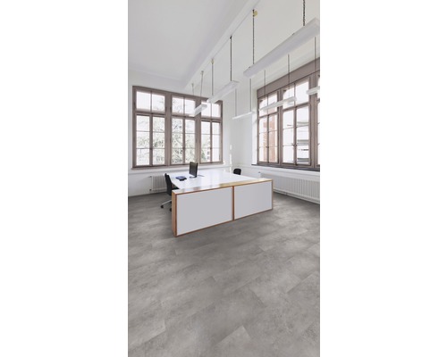 Bureau avec des dalles de sol en vinyle gris, un bureau et de grandes fenêtres