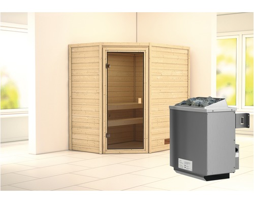 Sauna en bois massif Karibu Svea avec poêle 9 kW et commande intégrée sans couronne avec porte entièrement vitrée couleur bronze