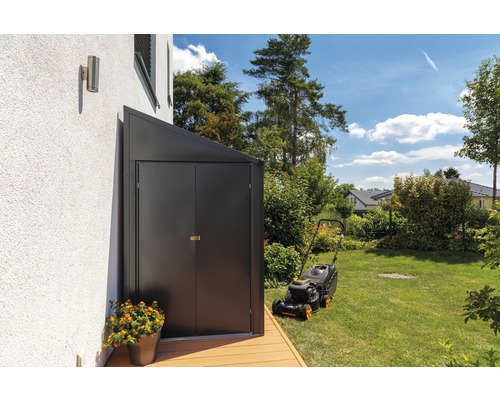 Abri de jardin en métal avec tondeuse à gazon dans le jardin