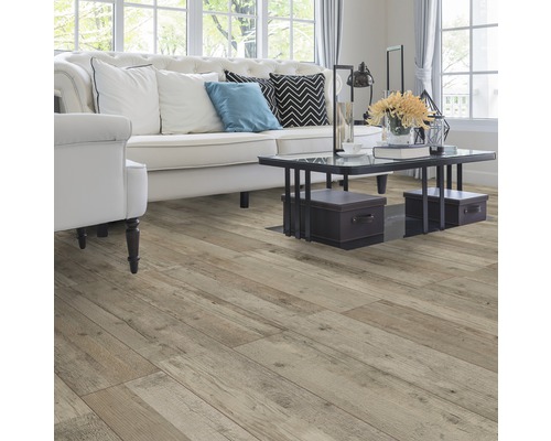 Salon avec plancher en bois clair, canapé et table