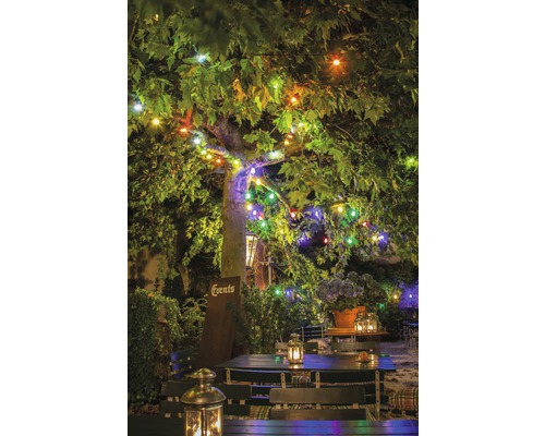 Jardin illuminé avec tables, chaises et lanternes sous un arbre avec des guirlandes lumineuses.